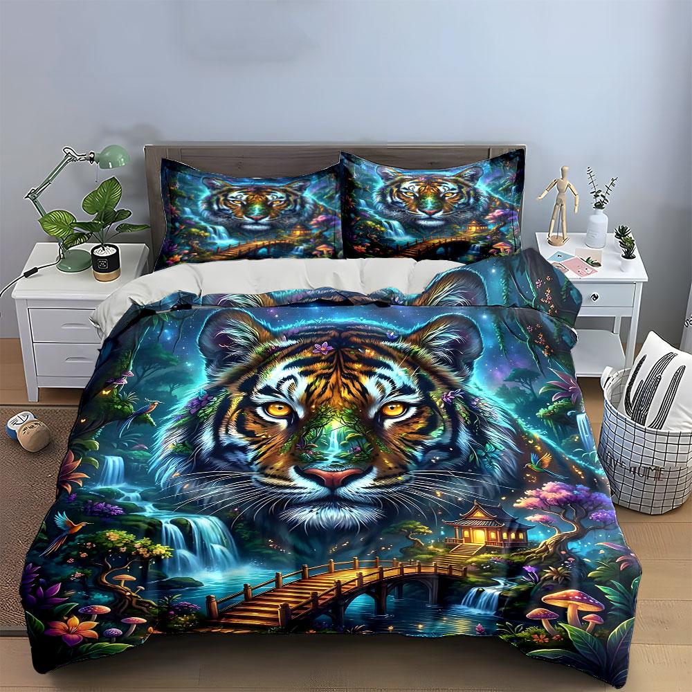 Mystical Tiger Forest Design Bedding Duvet Cover Set (1*Duvet Cover 2*Pillowcases, Without Duvet Insert)