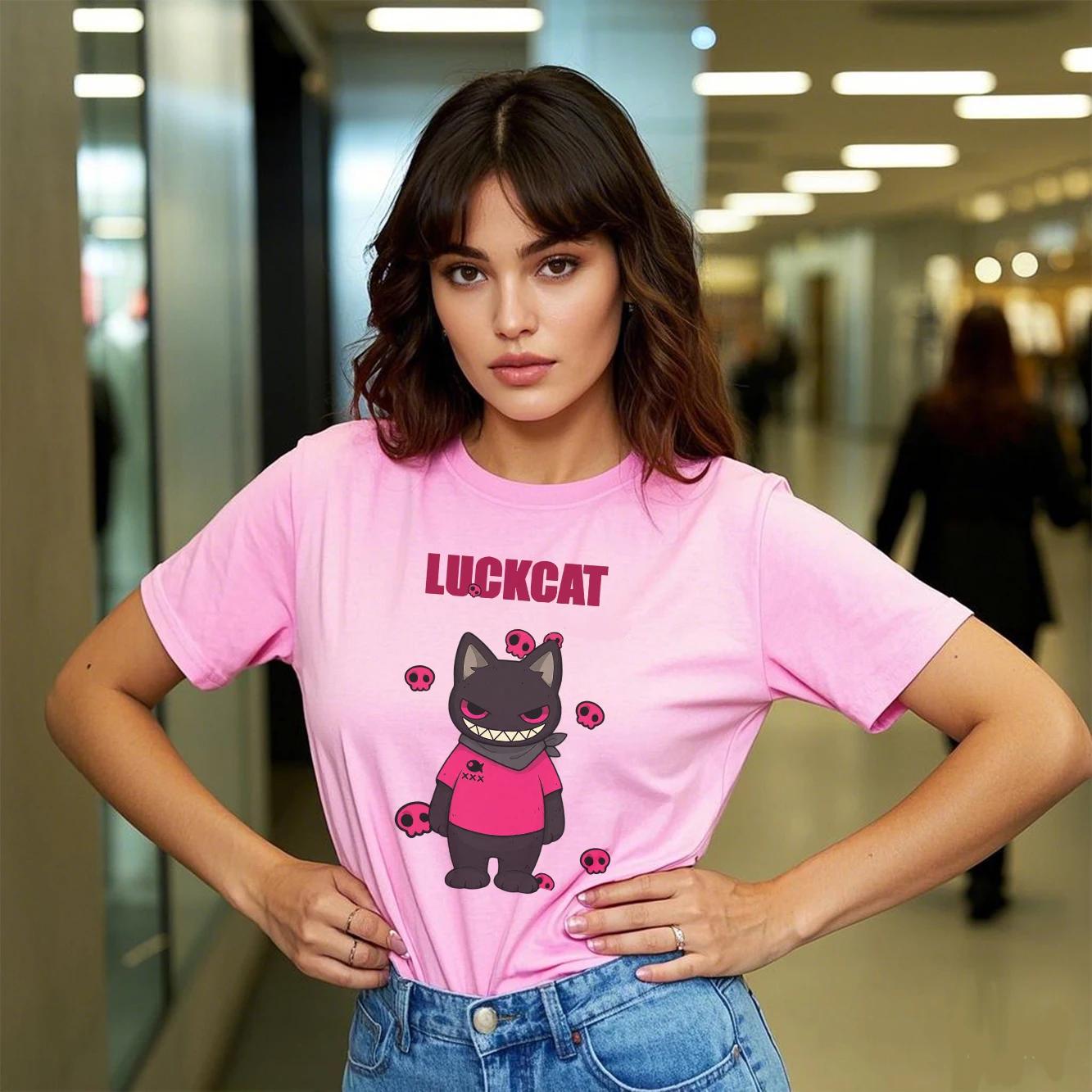 

Round Short Sleeved Womens Tshirt My Lucky Cat Printed Fashion Casual Summer Short Sleeved Harajuku Streetwear Tops Tees S