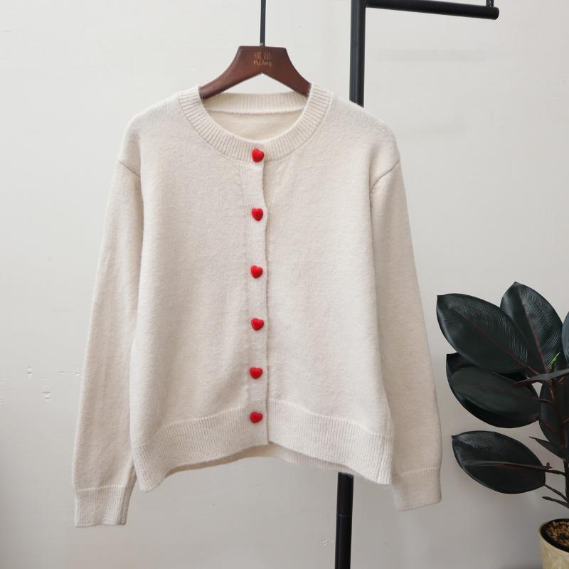 Autumn and Winter New Love Buckle Knitted Cardigan Round Neck Lazy Style Temperament Soft Waxy Sweater Jacket Women