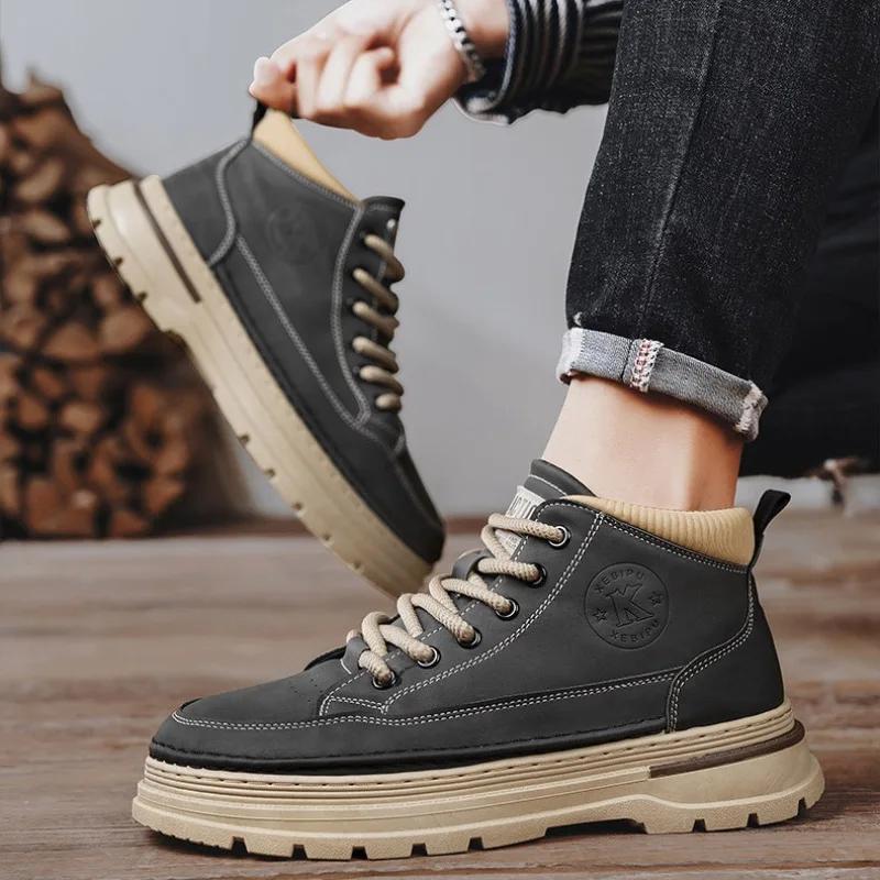 Men's Boots High Top Casual Sneaker High Quality Leather Ankle Boots for Men Lace Up Platform Work Boot Botas Masculinas