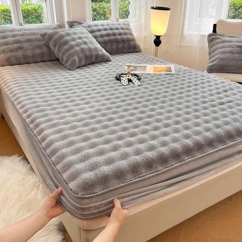 Warm Rabbit Plush Bedsheet Winter Thick Mattress Cover Milk Velvet Mattress Protective Cover Quality Velvet Bed Sheets For Home