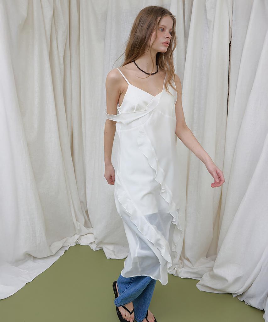 Lonkeu Ruffle Lace Sleeveless Cami Top Layered Dress (Ivory)