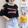 Vintage Women Letter Hollow Half Sleeve Round Neck Loose Tee Top T-shirt Blouse