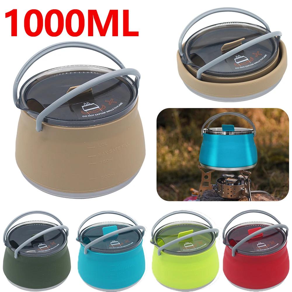 

Silicone Folding Kettle Camping Teapot 1L Portable Coffee Tea Cooker Collapsible Boiling Water Pot with Handle Camping Supplies синий