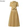ZANZEA Women Short Sleeve Blouse and Long Skirts Summer Two Piece Suit Sets
