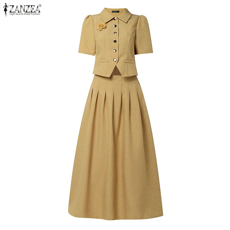 ZANZEA Women Short Sleeve Blouse and Long Skirts Summer Two Piece Suit Sets
