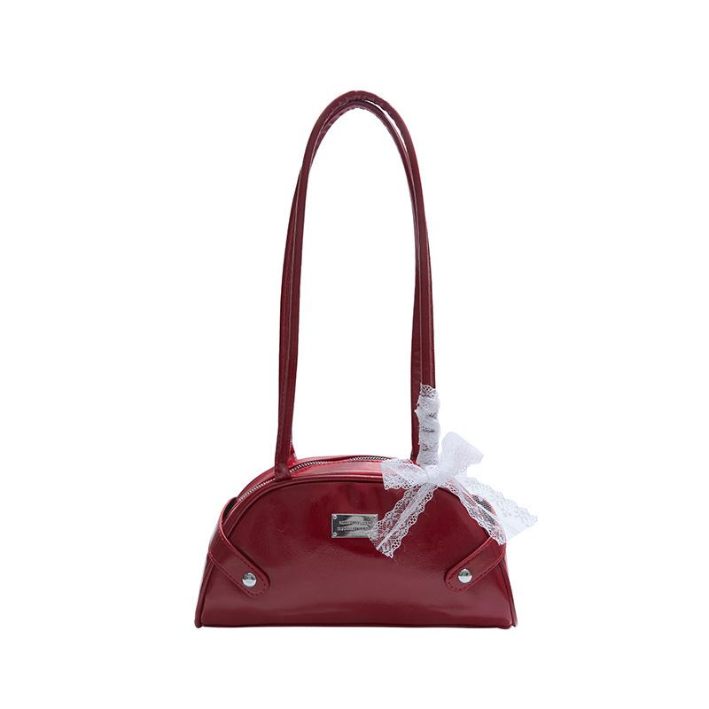 Korean Shoulder Bag Sweet Lace Bow Underarm Bag Ladies Simple Solid Color Pu Leather Handbag For Women Gifts