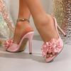 Pesstwei 2026 New Arrival Pink Satin Flower High Heel Slippers Women Square Toe Open Toe Slip On Mules Party Sandals