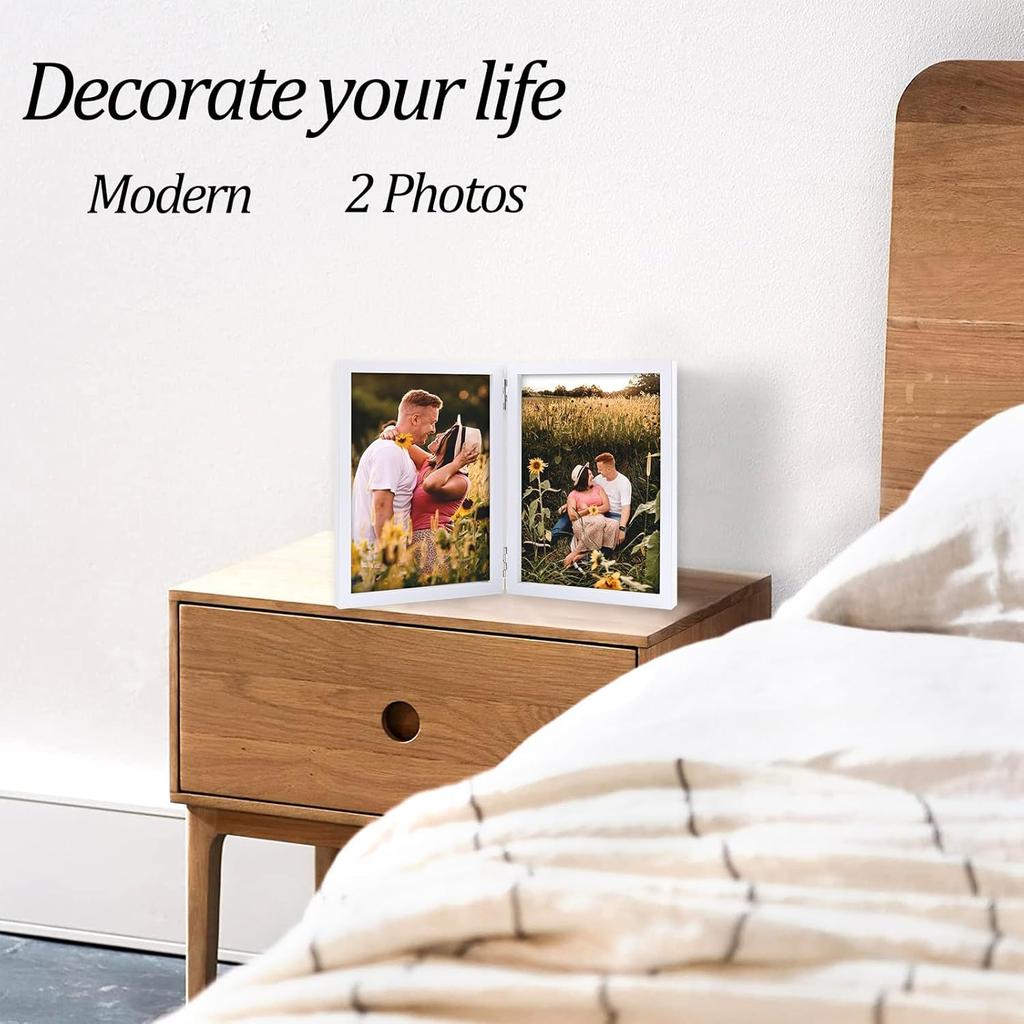 AVEAX Double 4x6 Picture Frame Hinged Folding Photo Frame with Plexiglass Front Vertical Frame on Desktop, White