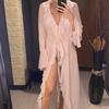 New Sexy V Neck Ruffled Long Sleeve Chiffon Tunic Beach Cover Up Cover-ups Beach Dress Beach Wear Beachwear Female Women V5976