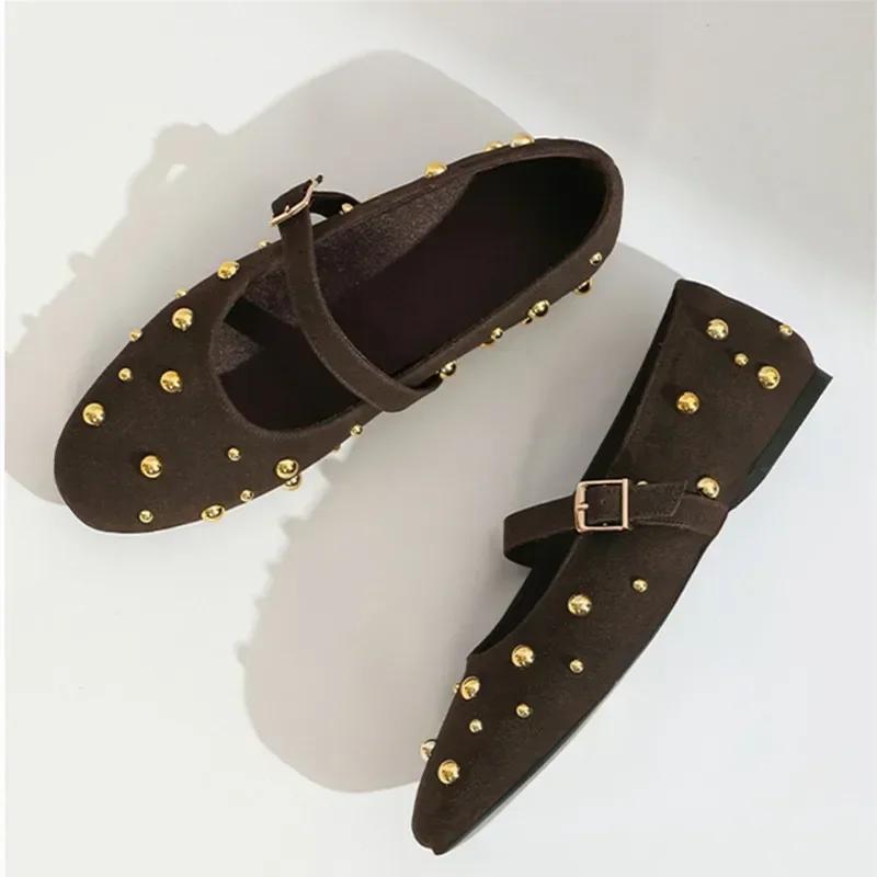 Fashion Cool Gold Rivets Design Ballet Flats Women Faux Suede Belt Metal Buckle Low Heel Women Shoes Non-slip Soft Sole Mary Jane Shoes