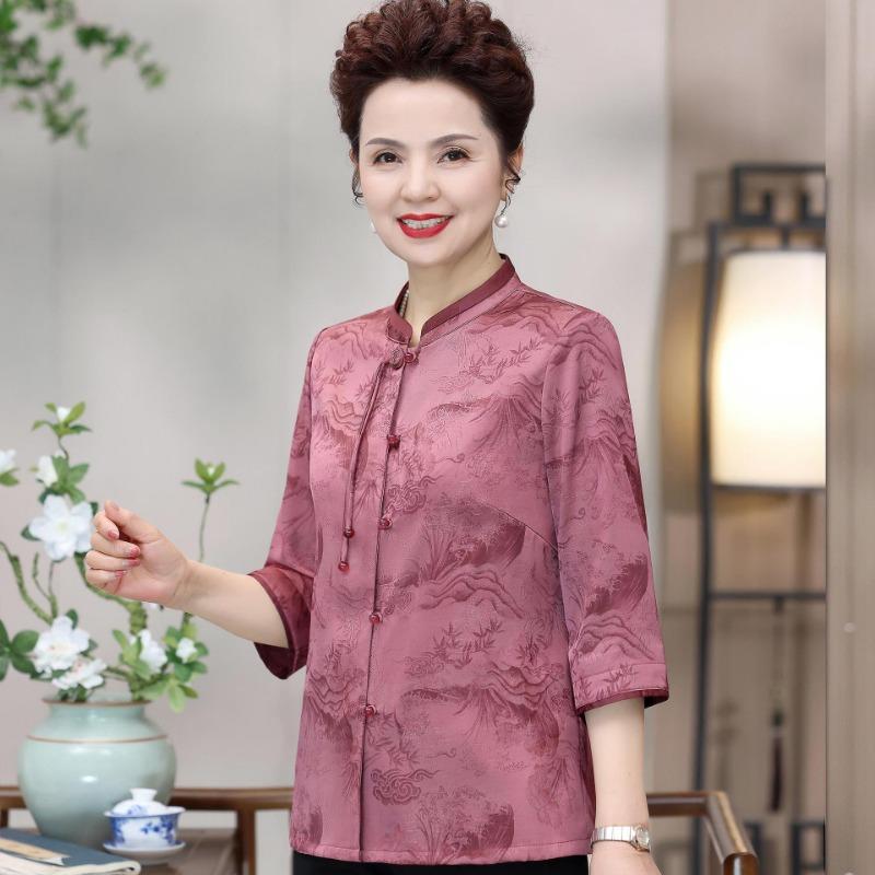 Damen Jacquard-Bluse im chinesischen Stil Stehkragen 3/4-Ärmel Lässiges Knopfleisten-Oberteil für mittleres und älteres Alter