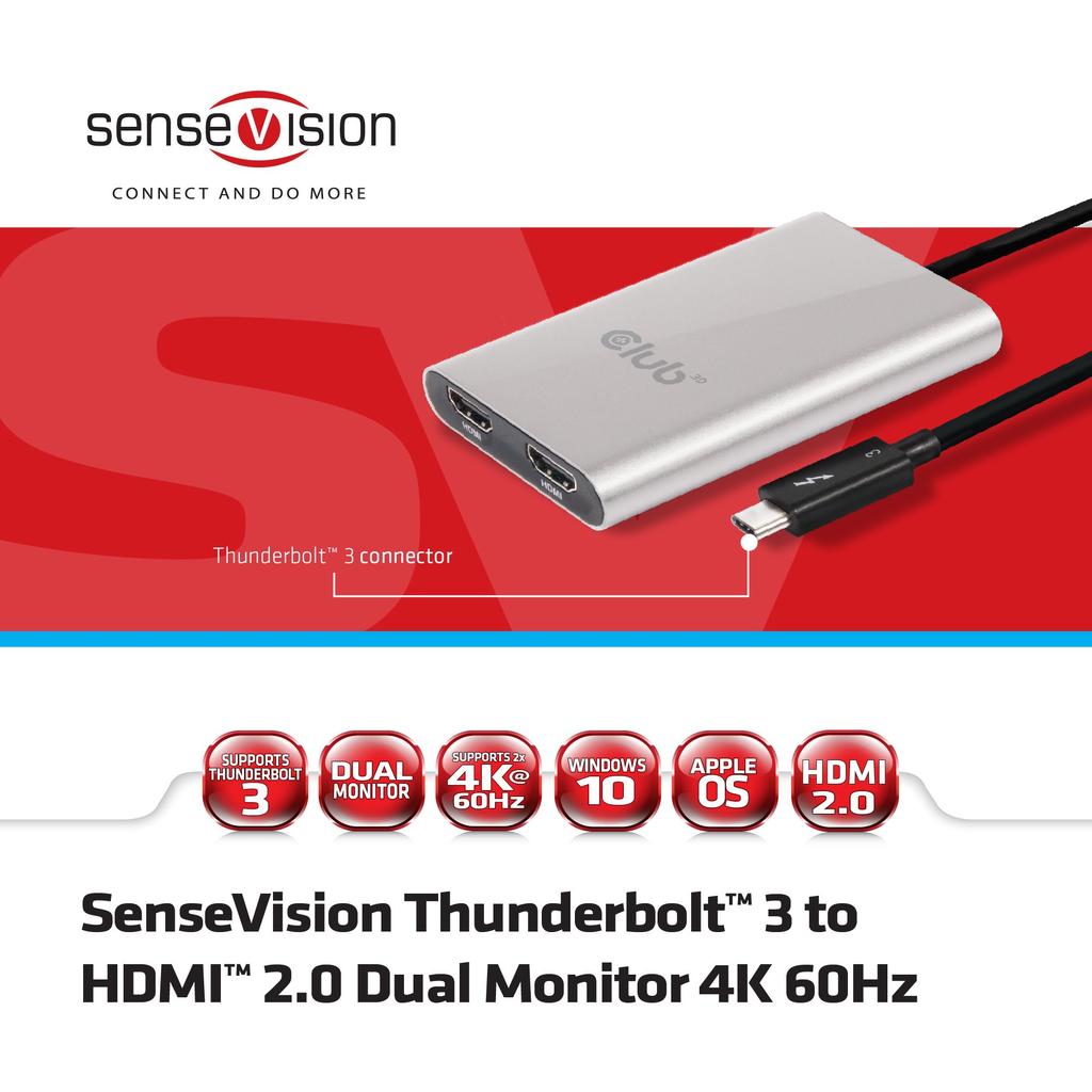 Club3D SenseVision compatible 3 to Dual Monitor 4K 60Hz Dual Display Distribution Hub Mac/Windows Thunderbolt™ HDMI™ 2.0 (CSV-1574)