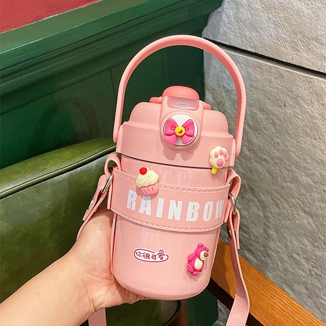 Updated Charming Double Drink Straw Thermo Water Bottle With Insulation Leather Case Kids Student Lightweight Coffee Bubble Tea Thermal Cup