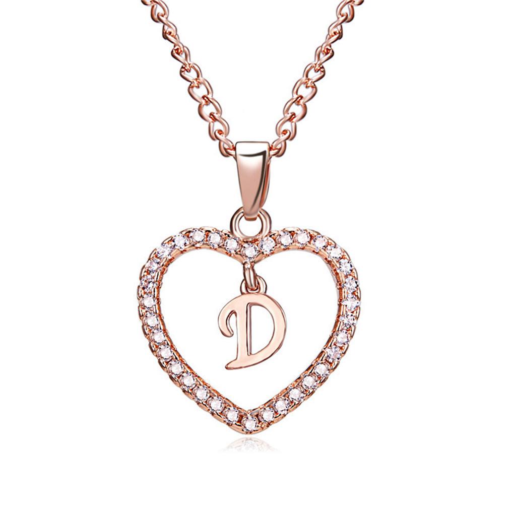 26 Letters W Heart Shape Pendant Necklace Rhinestone Rose Golden Clavicular Chain Jewelry Couple Gift