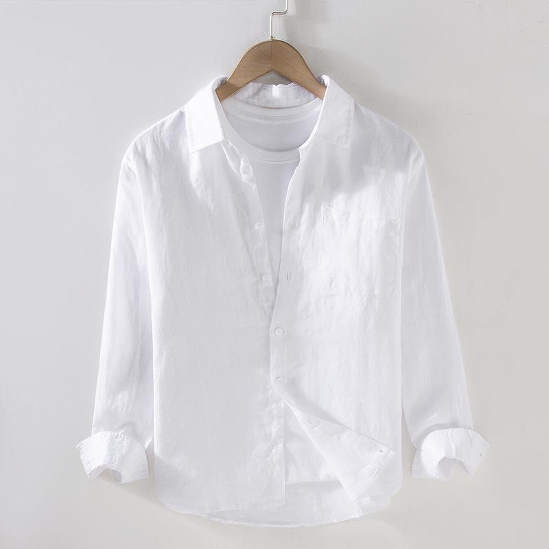 Camicia da Uomo a Maniche Lunghe in Lino Bianco – Traspirante, Casual, Stile Coreano per Primavera/Estate