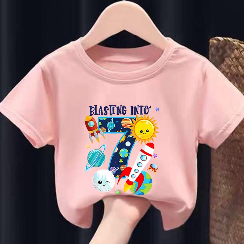 New Boys and Girls Clothing Outer Space Rocket Planet Printed Childrens Tshirt Birthday Round Neck Summer polyester fabric