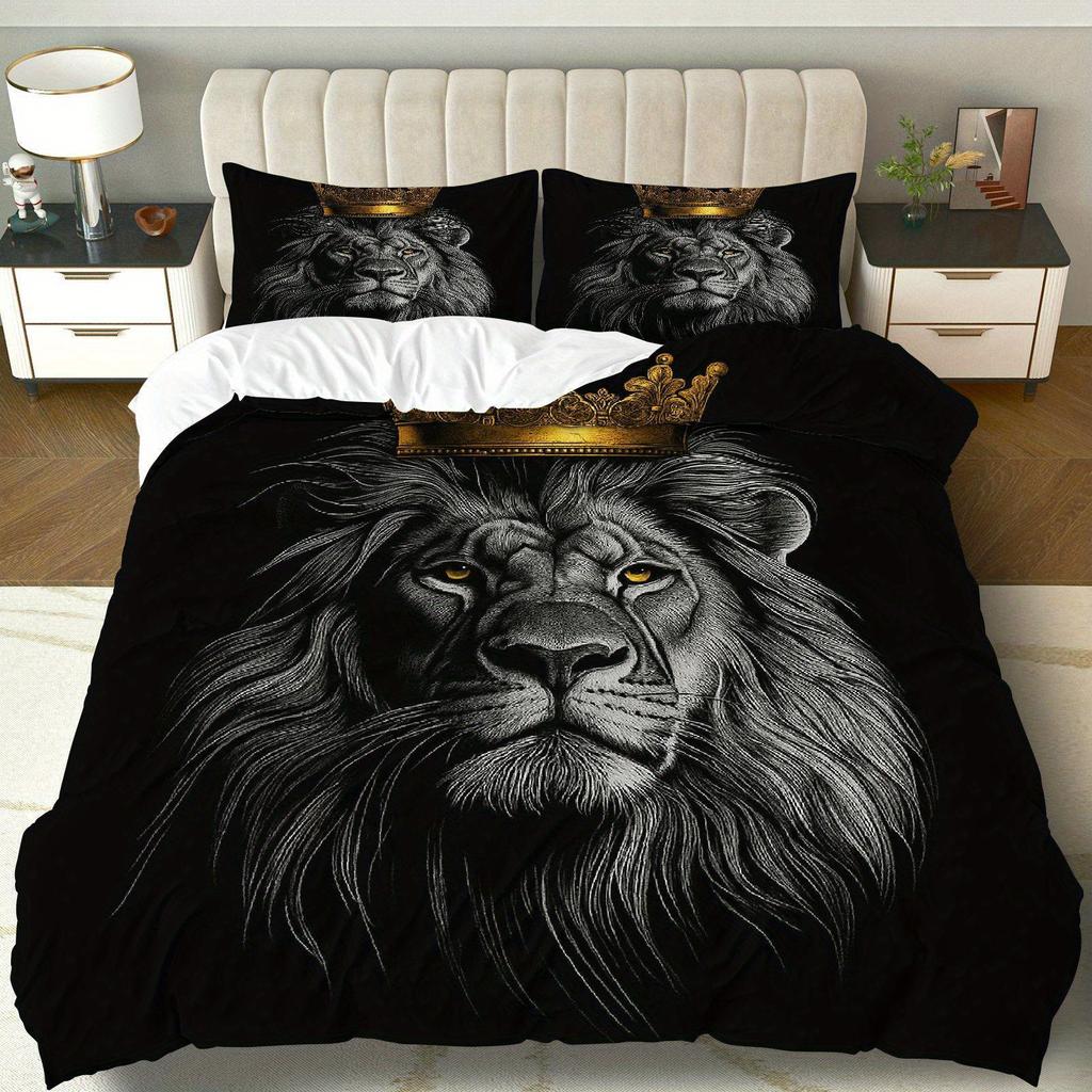 Black Lion in Artistic Style, Bold and Graceful 3D Print Duvet Cover Set, Luxury Animal Bedding for Bedroom Decor
