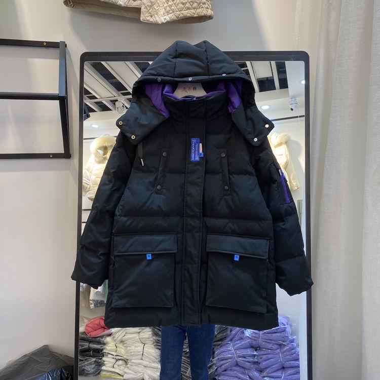 Damen-Daunenjacke mit vertikalem Kragen im Herbst und Winter, mittellange, verdickte, lockere Jacke, Arbeitskleidung, mit Kapuze, weißer Entendaunenmantel