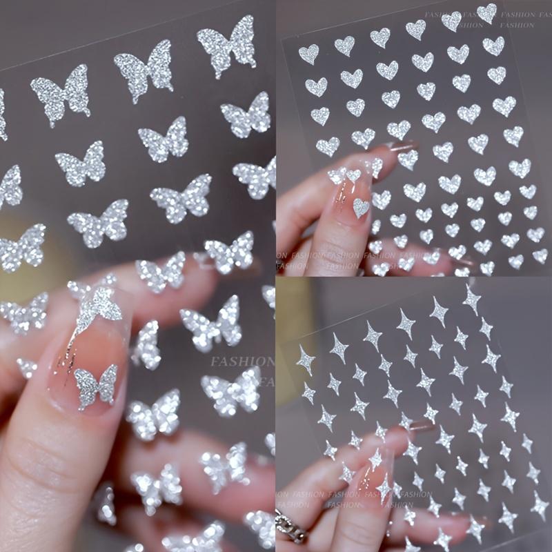 1 pz Adesivi per unghie 3D con glitter riflettenti, farfalle argentate, stelle, cuori, decorazioni per nail art scintillanti, manicure
