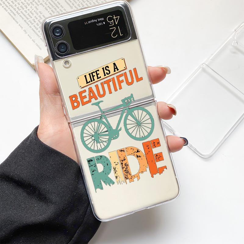 Mountain Bike Cycling Art Fashion Phone Case For Samsung Galaxy Z Flip 3 4 5 6 7 Hard Folding Z Flip4 Clear PC Cover Gift