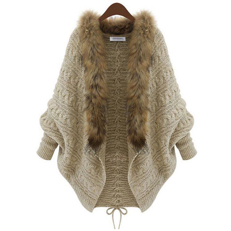 

Европейский и американский женский кардиган крупной вязки свободного кроя - свитер с рукавами «летучая мышь» и меховым воротником для осени/зимы. Image Color