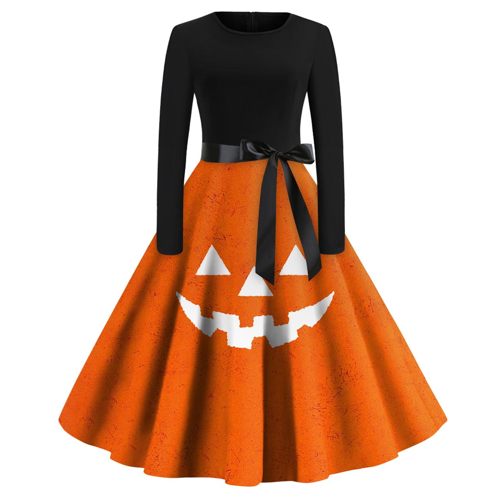

Женское винтажное платье для выпускного вечера с длинным рукавом и принтом на Хэллоуин для всей семьи XXXXL оранжевый