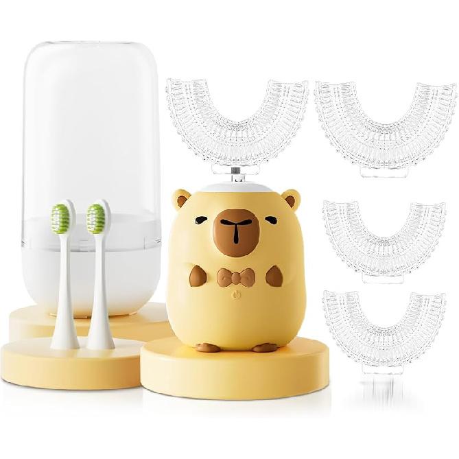 Kids Electric Toothbrush U Shaped - Cartoon Capybara with 6 Brush Heads Full Mouth Degree Cleaning Sonic Toddler Automatic Toothbrush with IPX7 Capybara 2-14 Years
