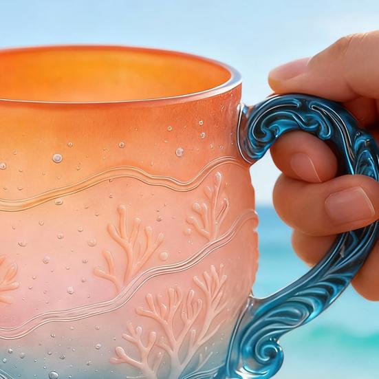 Yousheng Ocean Sunset Glass Mug Sea Inspired Coffee Cup with Wave Handle Gradient Colors Tea Cup for Hot Cold Drinks