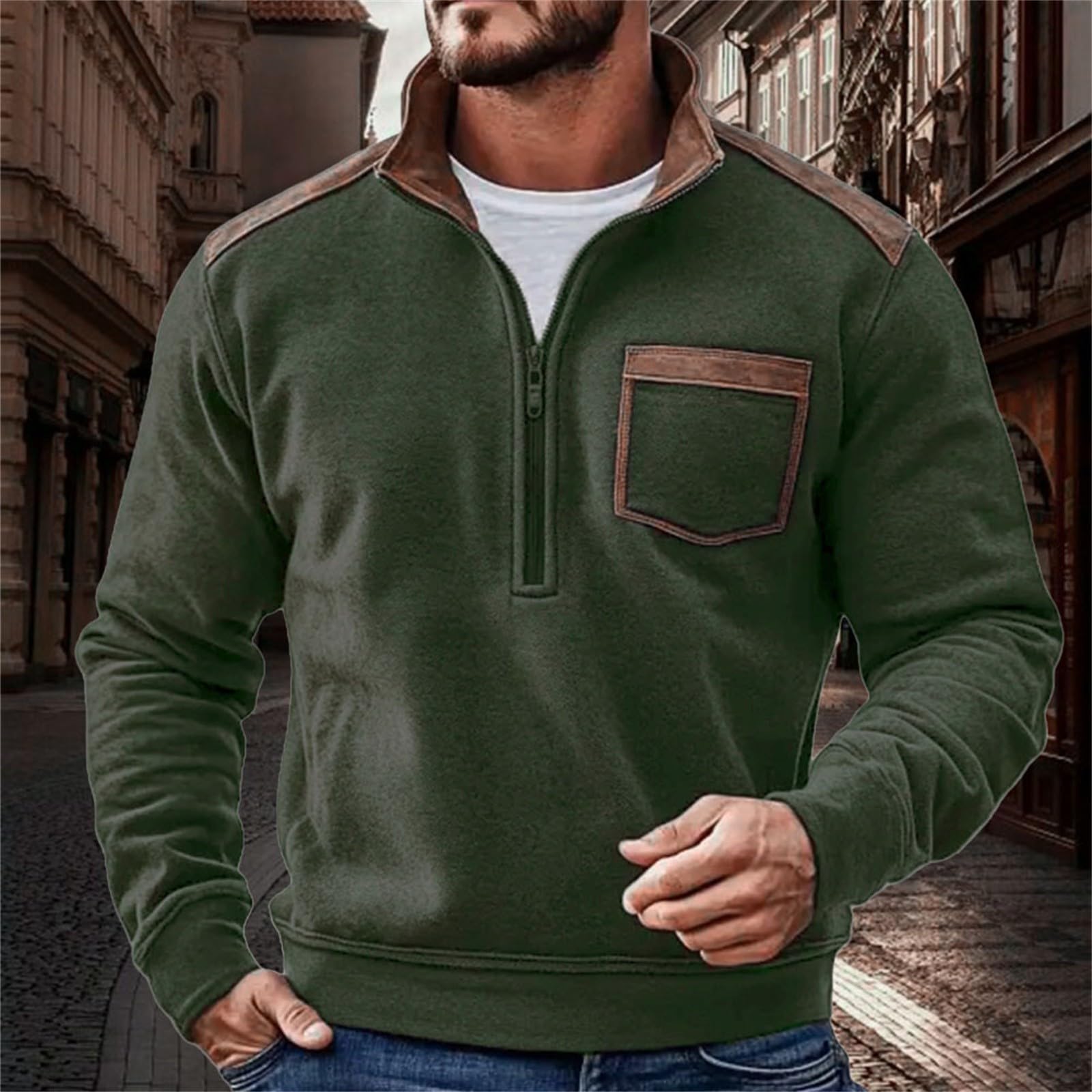 

Mens Retro Fleece Sweatshirt With Pocket Color Block Slim Fit Long Sleeve Half Zip Pullover Shirt Trendy L