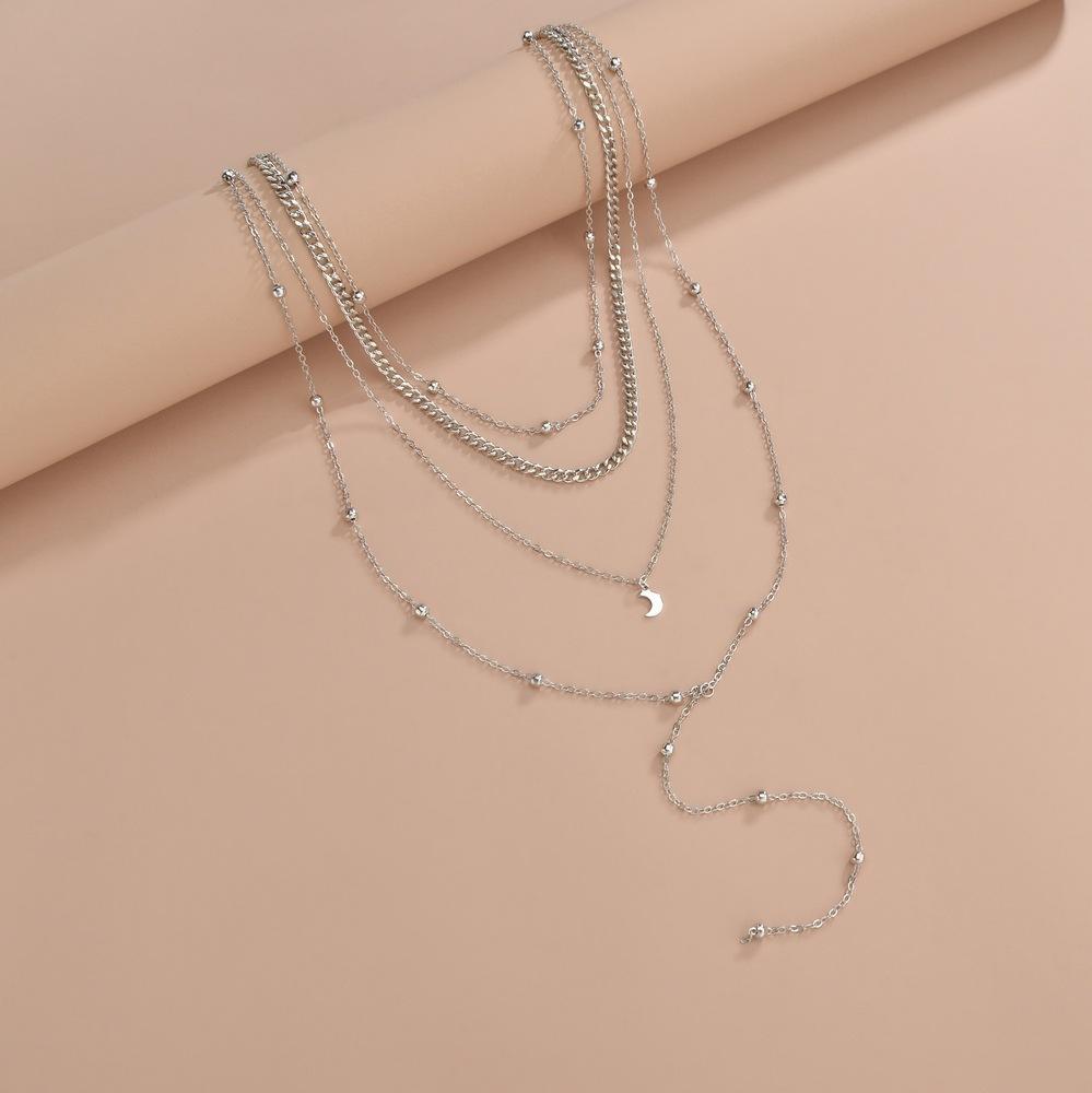Personalized stacked wind women's multi-layer chain necklace moon mixed bead long metal necklace collarbone chain