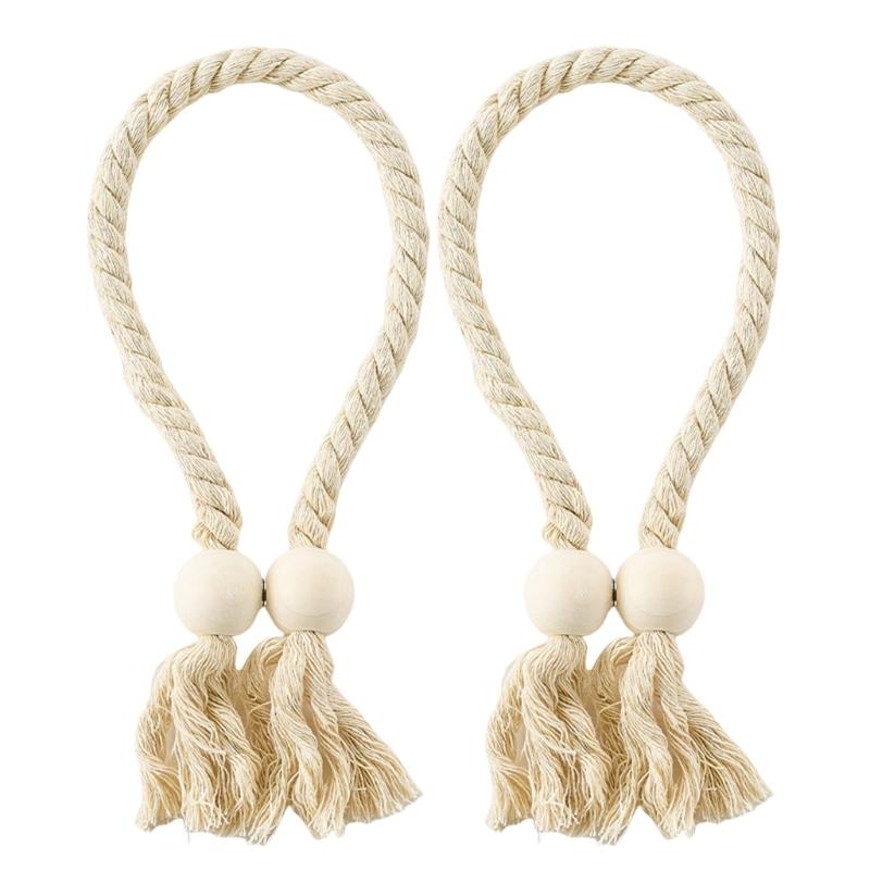 

Elegant Curtain Tie Backs 2Pieces Magnetic Cotton Rope Drapery Holdbacks with Wood Beads Home Decors for Living Room бежевий