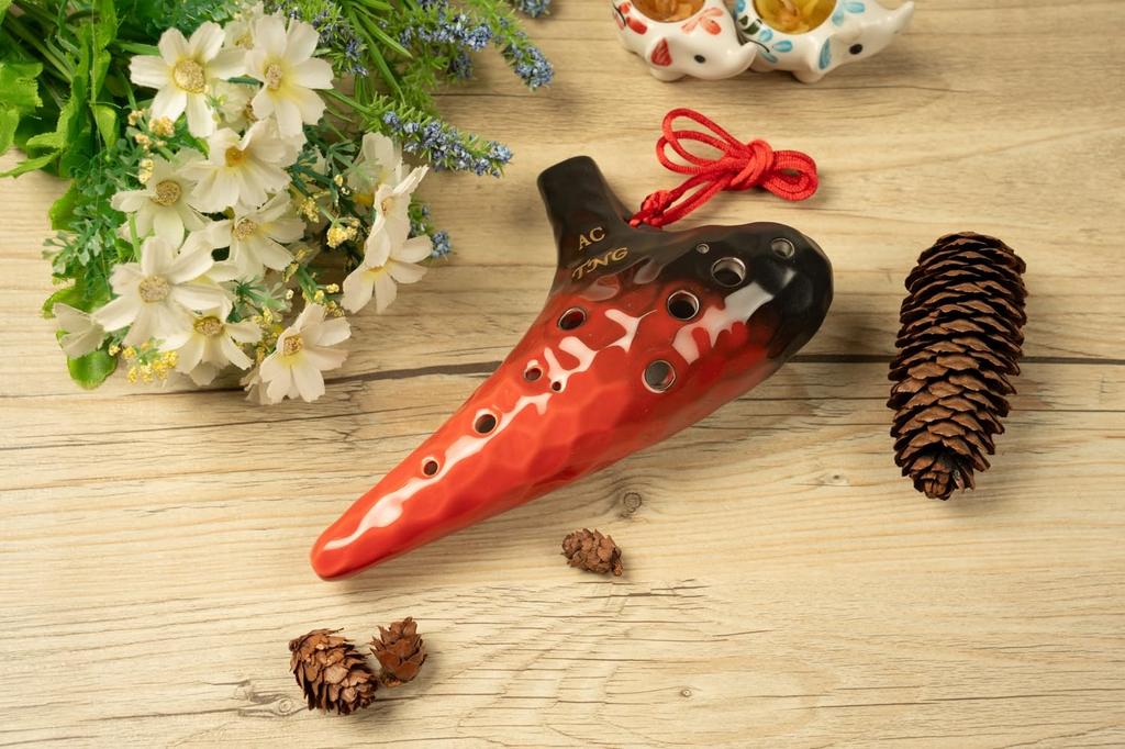TNG Ocarina Instrument 12 High Quality Ocarina for Tube Playing Glazed Finish Ocean Wave Pattern [Alto/C Key/AC / Holes] (with Strap) (Red)