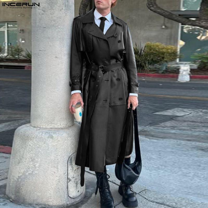 INCERUN Winter Men Long Sleeve Long PU Leather Coats Overcoat Outerwear
