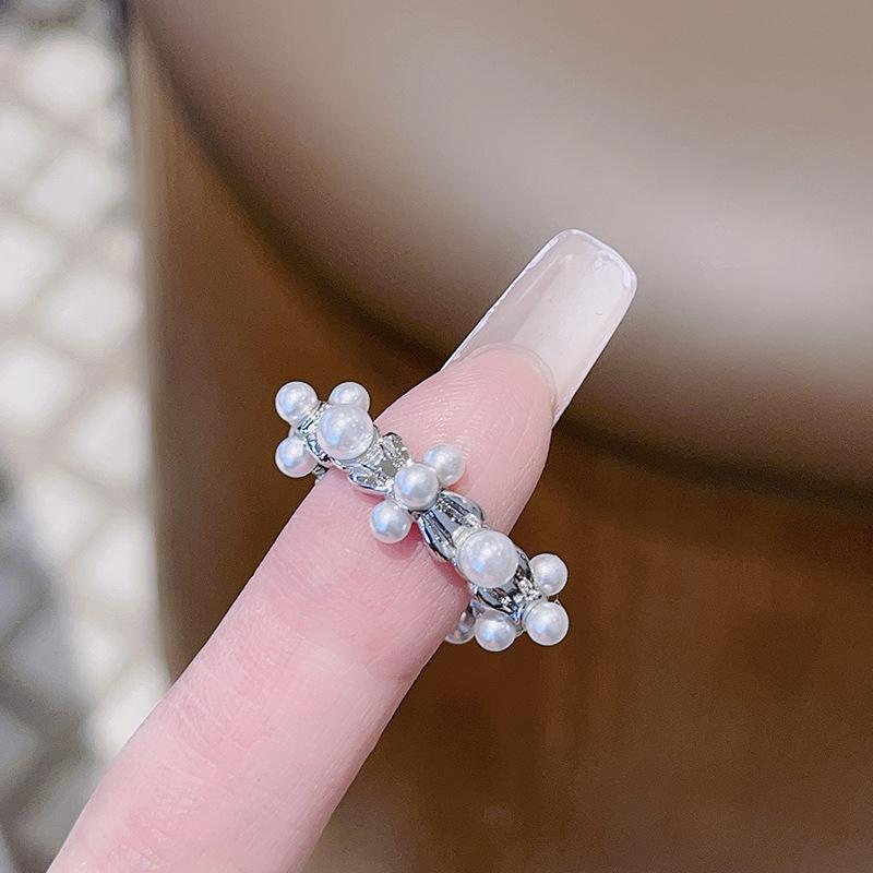 Pink Zircon Niche Design Sweet Pearl Bow Open Ring Women'S High-End Fashion Jewelry