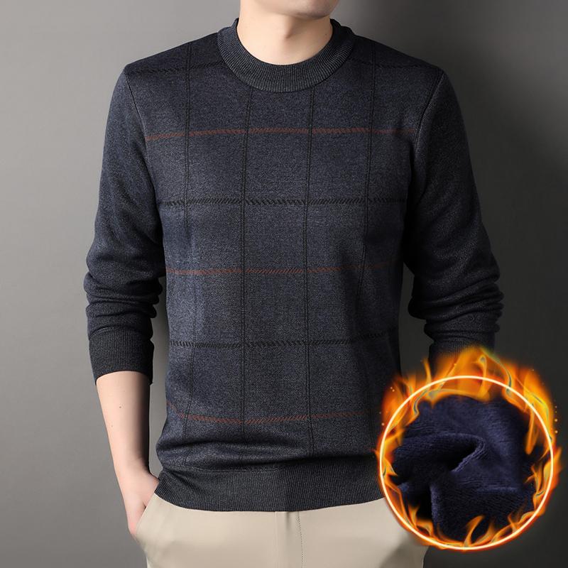 Round Necked Sweater for Men with Plush Insulation and Inner Layer for Men with Bottom Layer Men's Autumn and Winter Black Knit