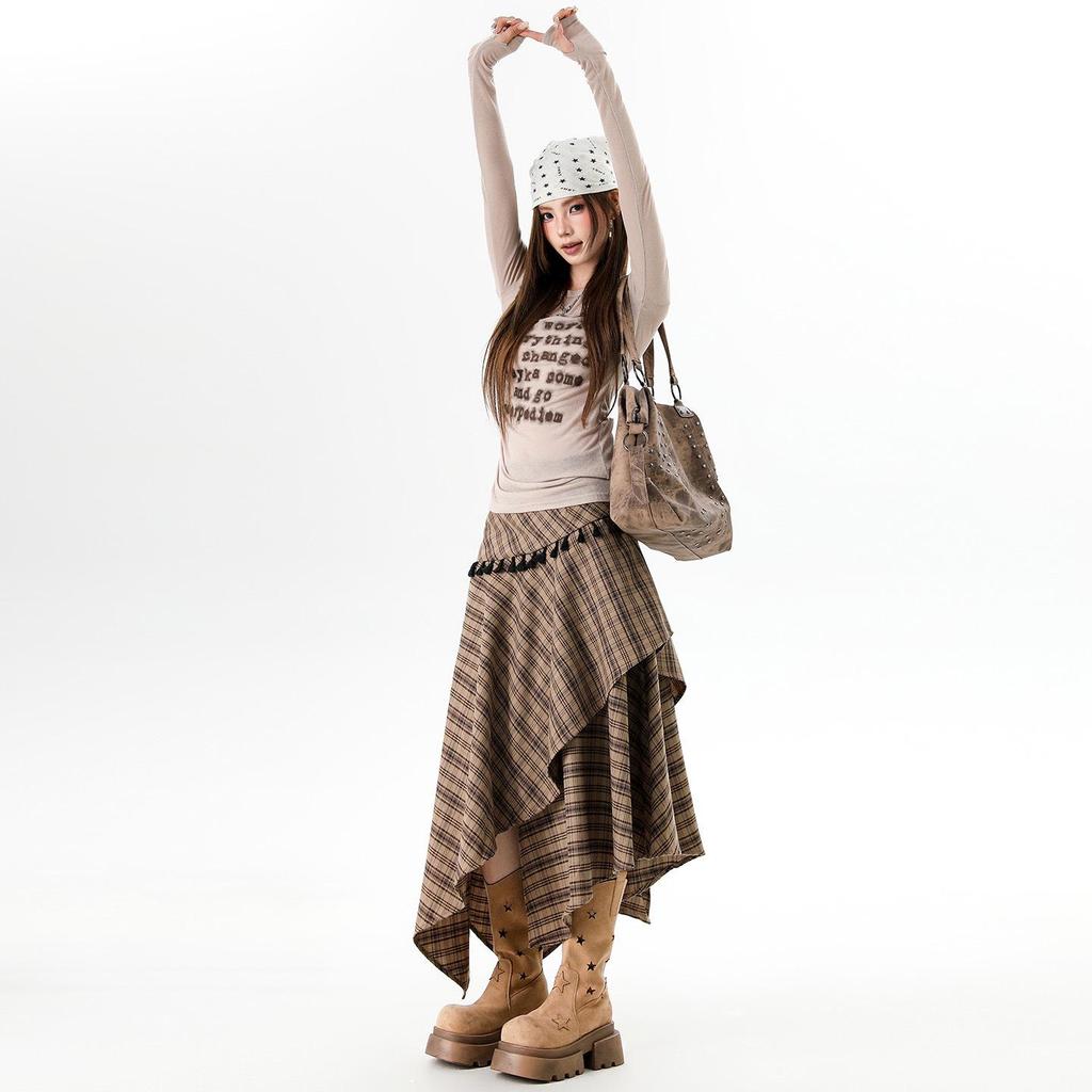 Women's Irregular Plaid Tassel A-line Skirt with Embroidery - High Waist, Slimming Fit, Mid-length for Autumn/Winter