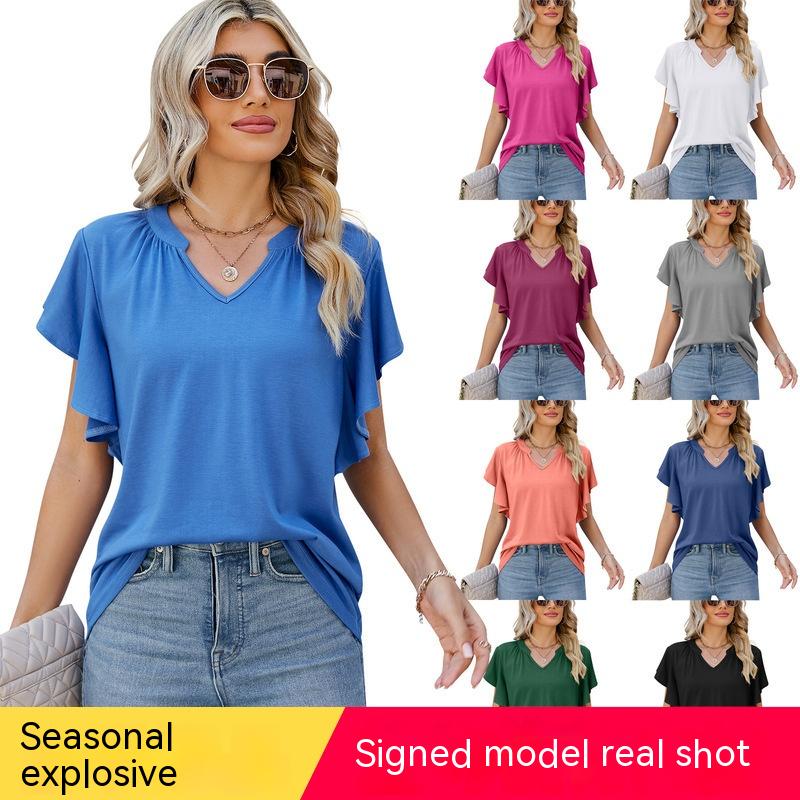 

Новая летняя женская футболка с коротким рукавом, v-образным вырезом, однотонными рукавами с рюшами, свободная, удобная и повседневная, S-2XL