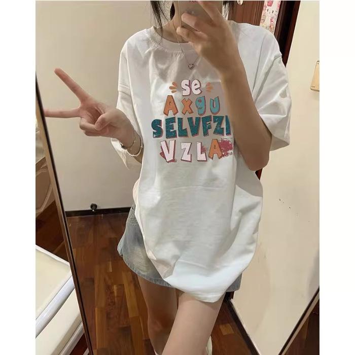 

American retro white front shoulder short-sleeved t-shirt women s summer loose large size oversize cotton medium and long top S