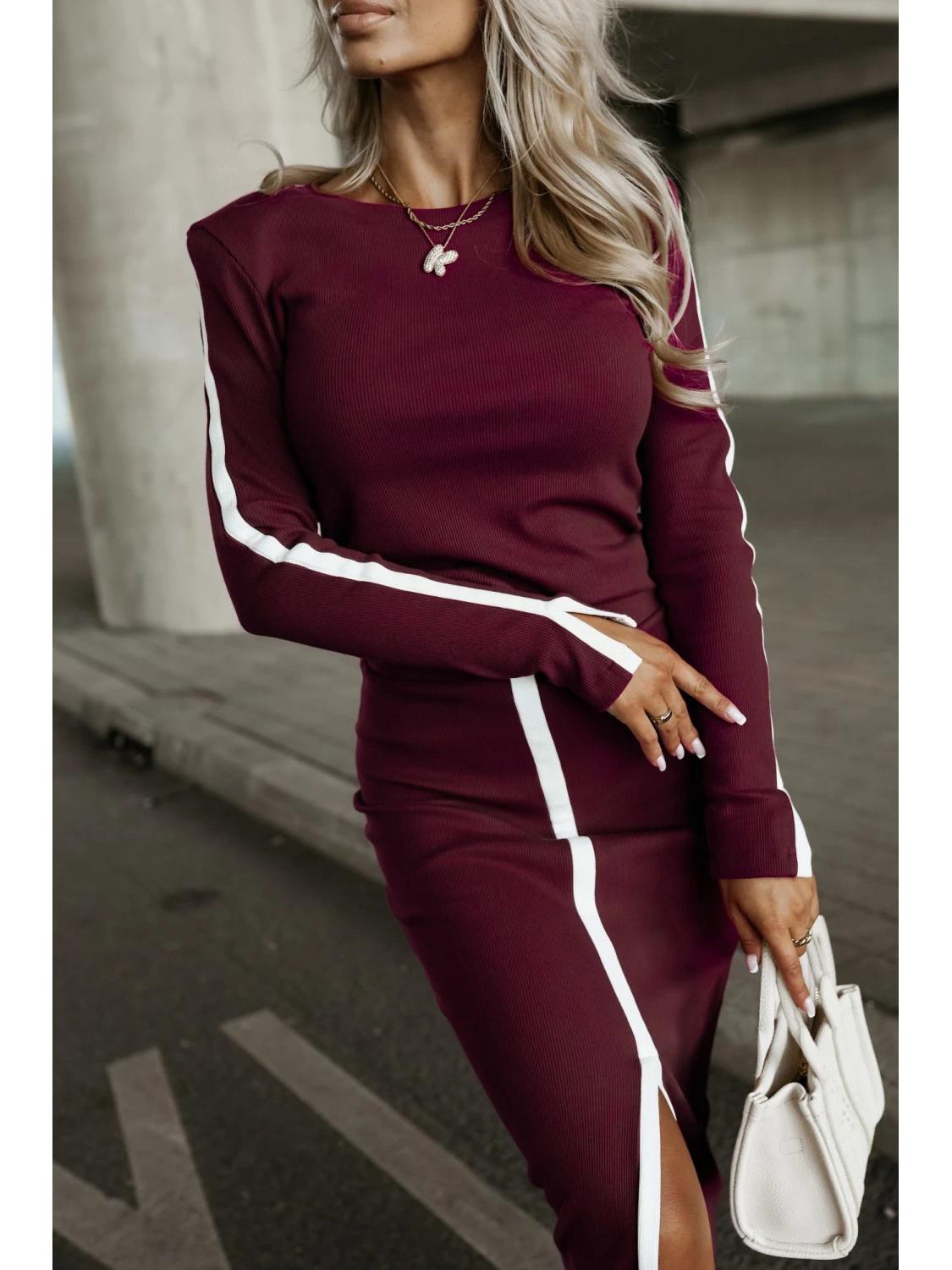 

Женский повседневный модный рубчатый костюм-двойка с юбкой Large вино красного