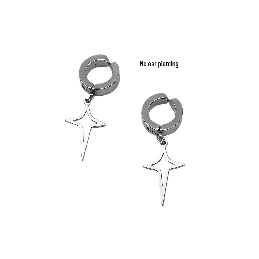 Boys' Star Ear Cuff: Stylish No-Piercing Black Chain with Four-Pointed Star Design, Cool Earring for Women.