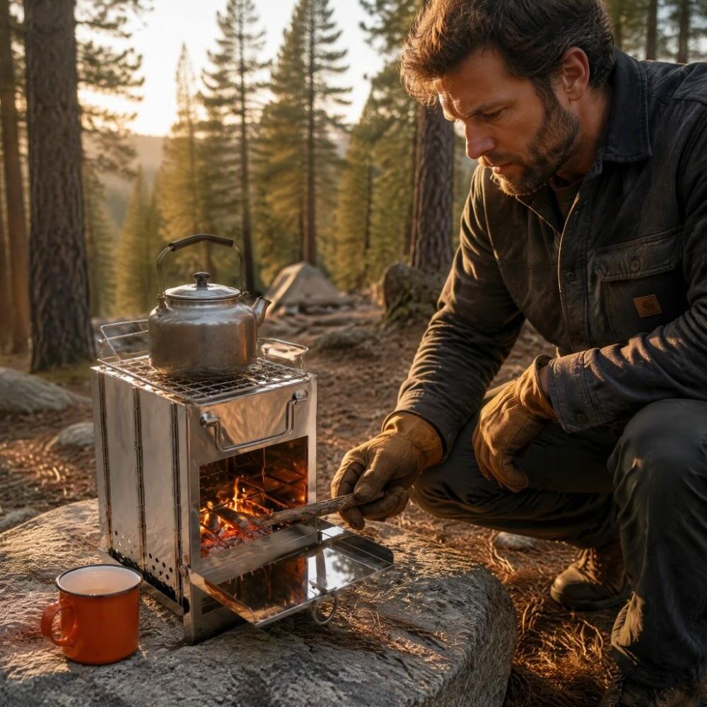 With Grill Camping Wood Stove Folding Box Stove Portable Wood Burning Stove  Hiking