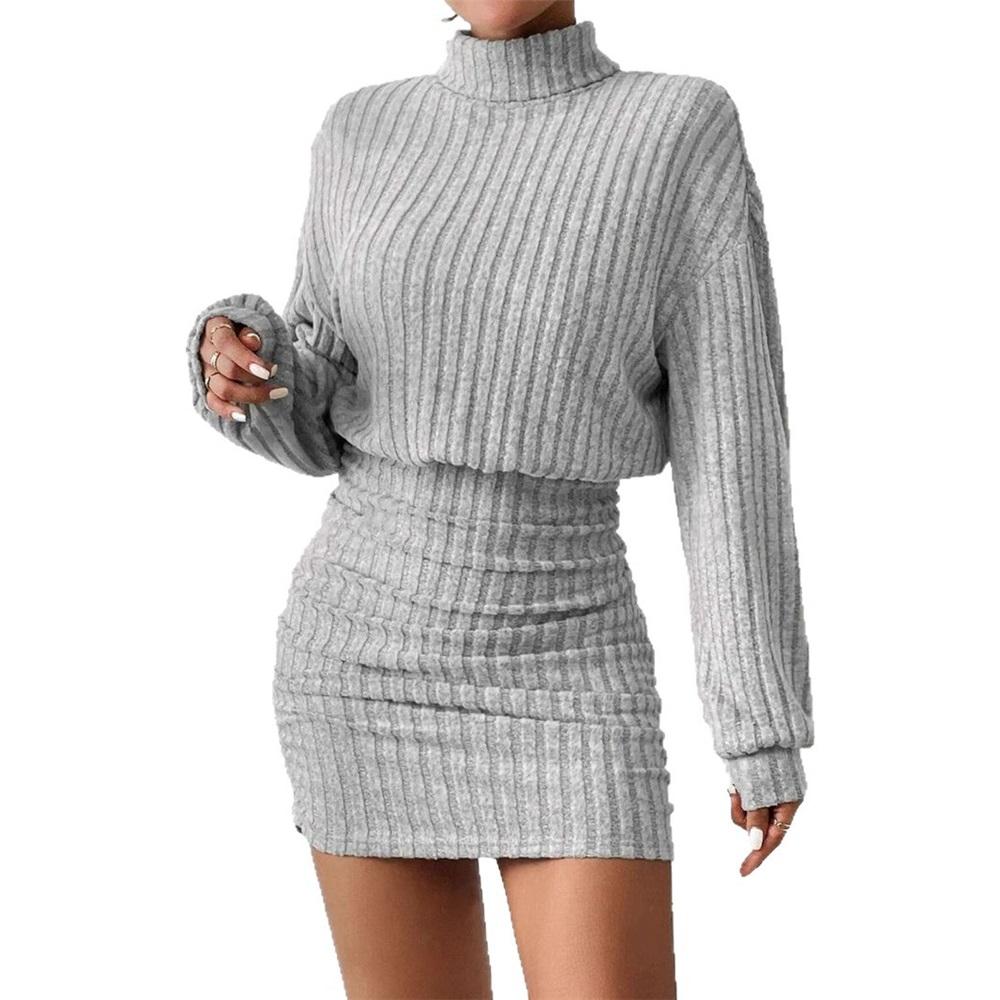 

Women s Long-sleeved Turtleneck Pit Strip Knit Sexy Tight Short Dress XXL