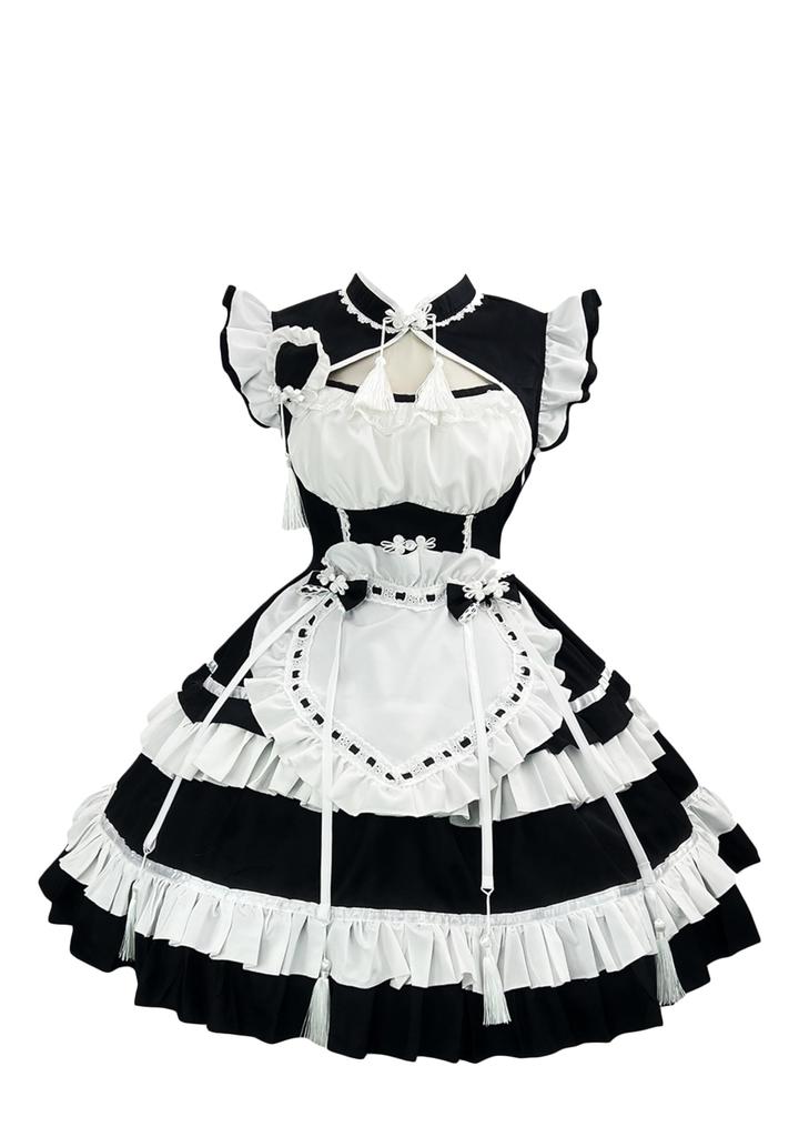 YZZYQQ Maid Cute Black and White Outfit with Gothic Alice in Wonderland Princess Classical and Plus Size Maid Size S Costume, Cosplay, Ribbon, Lolita,