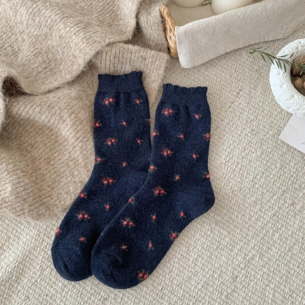 Dark Gray Vintage Thickened Warm Children'S Winter Floral Piles Of Socks Coffee Color Mid-Leg Socks Snow Boots Wool Socks