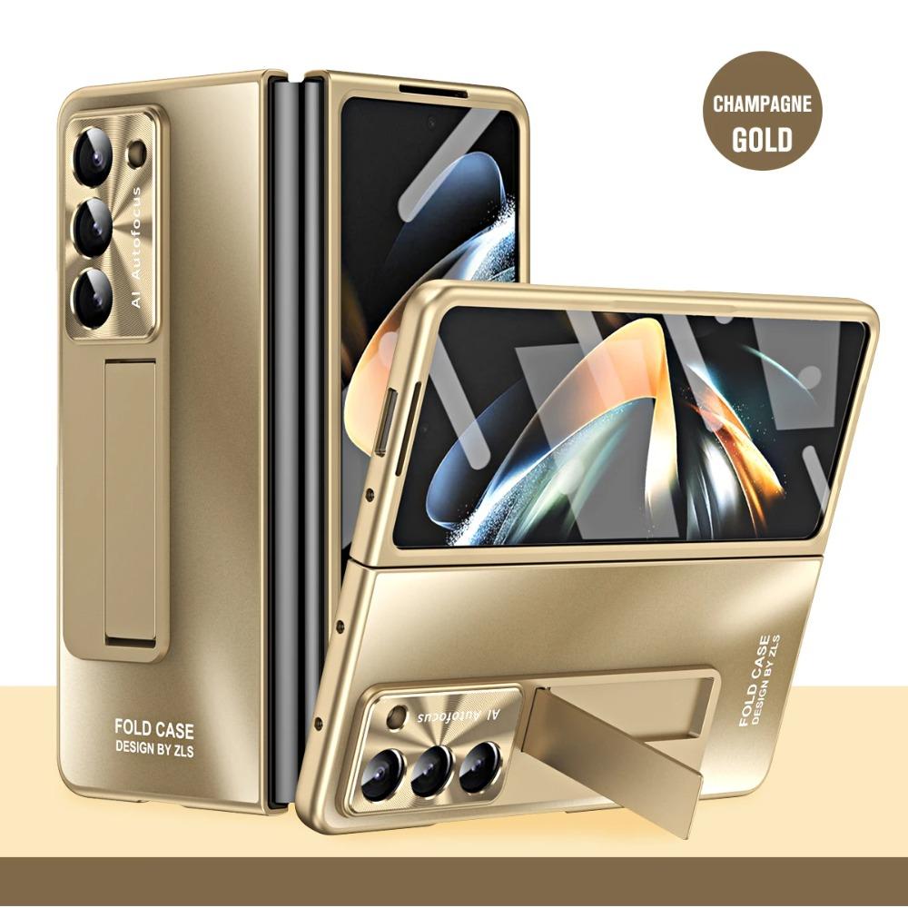 Electroplating Hard PC Shockproof Phone Cover for Samsung Galaxy Z Fold 6 5 4 3 Case with Tempered Glass Screen Protector Stand Holder