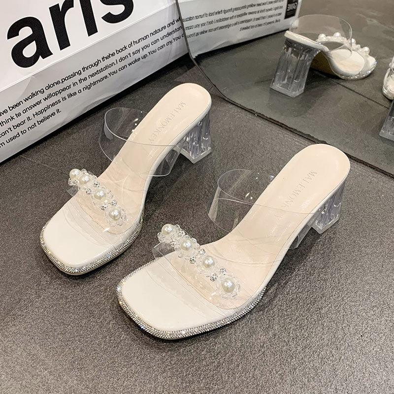 Xiaoxiangfeng transparent one-word thick-heeled crystal sandals women's summer wear 2025 new pearl French high-heeled slippers