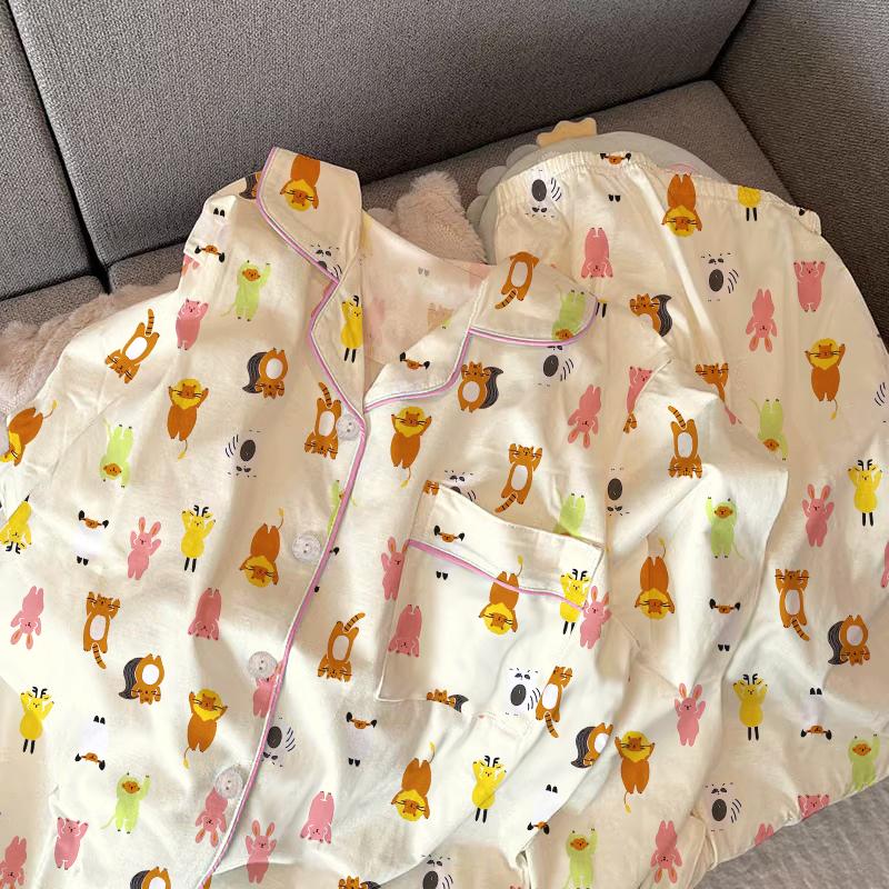 Ensemble de Pyjama Mignon à Carreaux pour Filles Printemps Automne Manches Longues Vêtements de Nuit Décontractés pour Femmes Ample Vêtements d'Intérieur