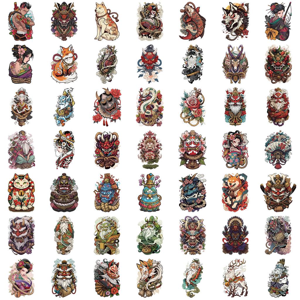 50 Transparent Cartoon Japanese Tattoo Art Sticker Pack Waterproof Transparent PET Hand Account Decorative Guitar Notebook