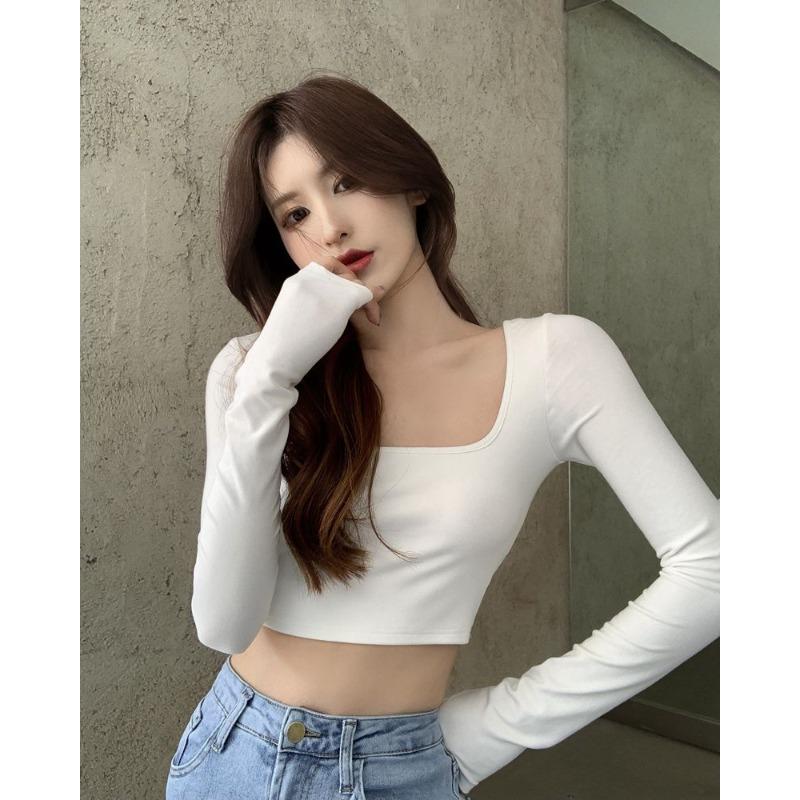 Square Collar Long-sleeved T-shirt for Women for Autumn New White Straps Short Backless Slim Base Shirt Top